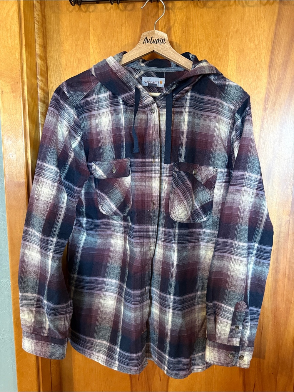 Carhartt Women's Hooded Button-Down Plaid Shirt Jacket - Burgundy, Black & Cream